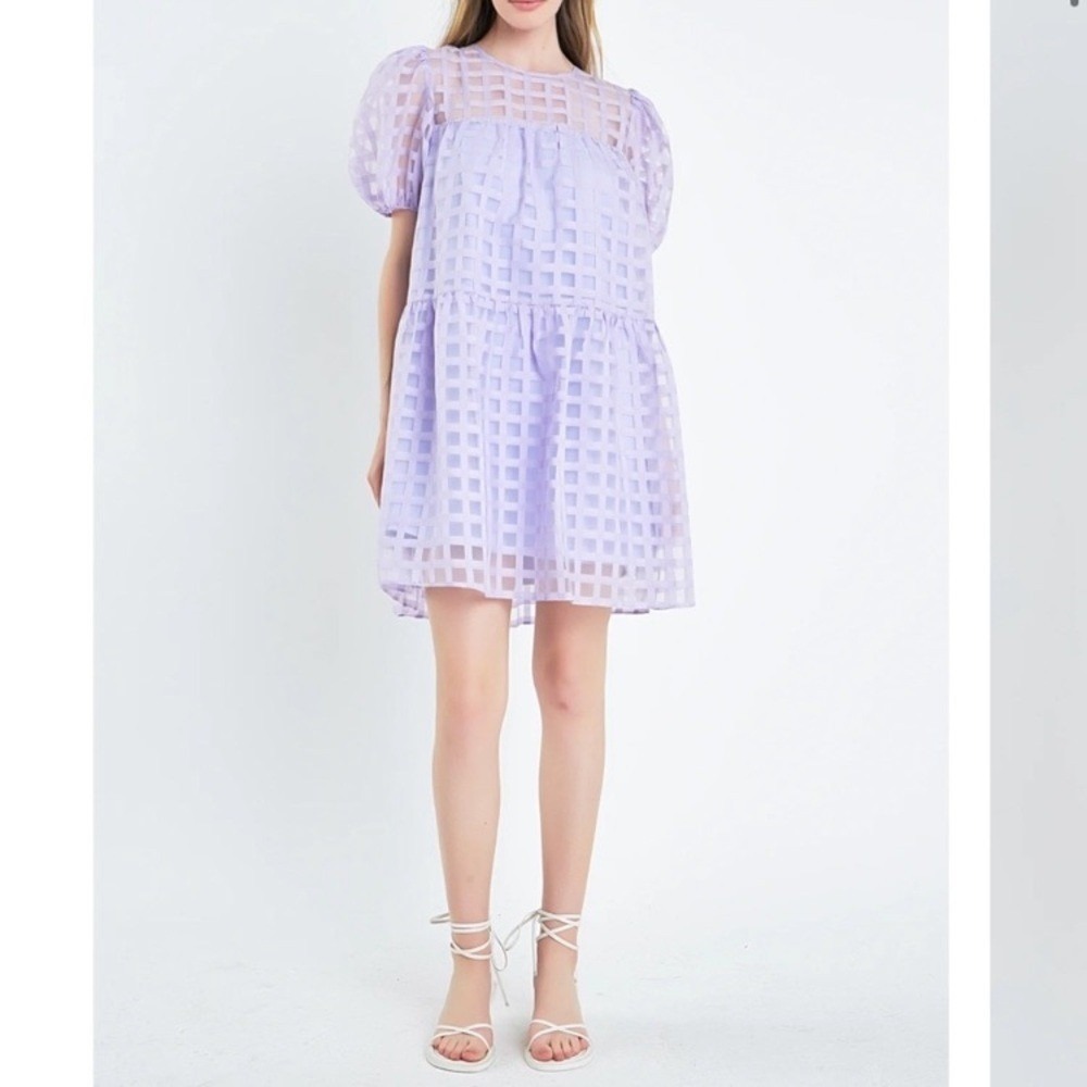 English Factory Lavender Gingham Puff Sleeve Dress size M windowpane chiffon